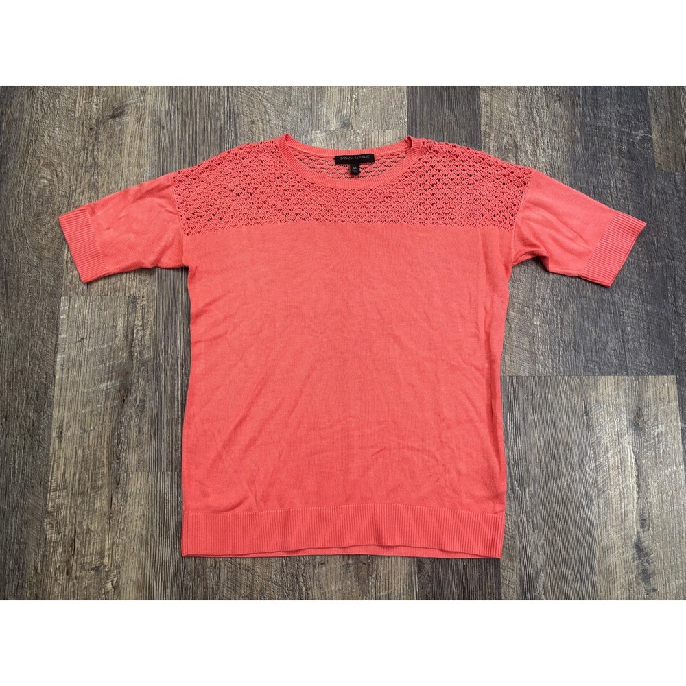 Banana Republic Womens Coral Pink Crochet Lace Yoke Short Sleeve Sweater XS